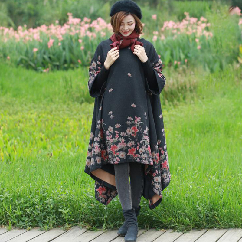 枝牌寬松版鬥篷仿毛呢外套女秋款民族風女裝毛呢鬥篷披肩批發