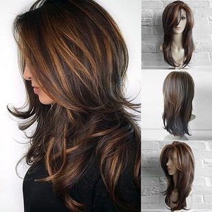 European and American black new ladies mixed color oblique bangs long curly hair new spot explosions a generation of wigs