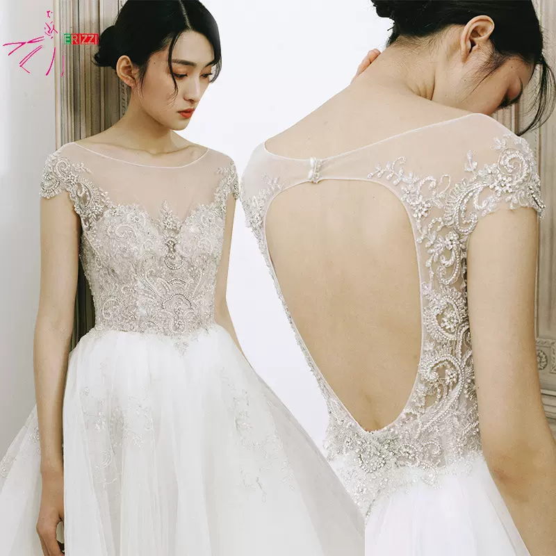 森系钉珠漏背A摆大码齐地婚纱厂家定做 结婚晚会露背齐地婚纱礼服