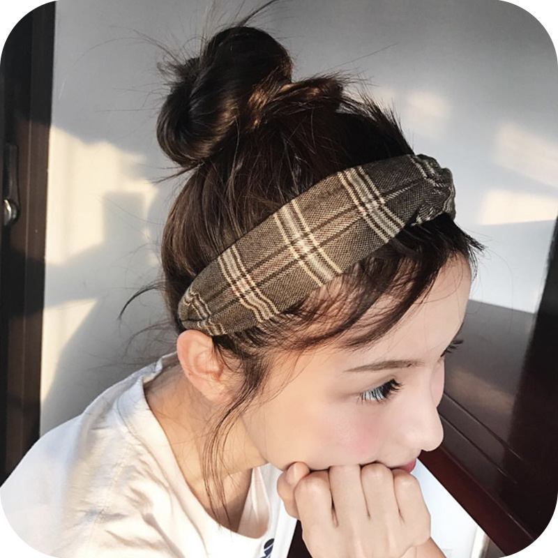 林小宅英伦学院风格子条纹发带日韩甜美交叉松紧宽边布艺发箍头带