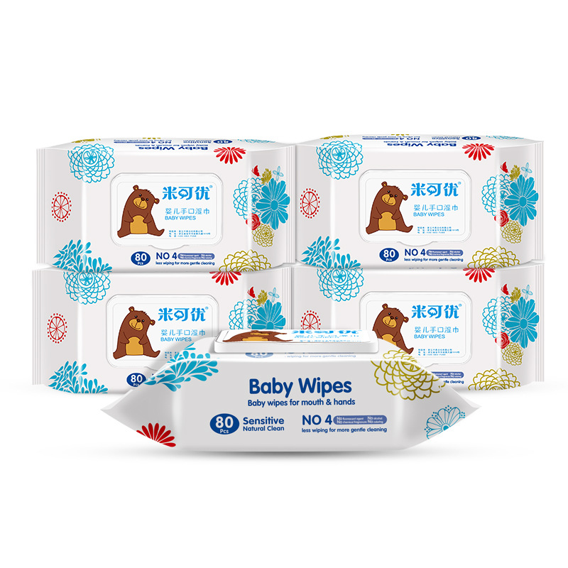 廠家直銷米可優手口濕巾80抽帶蓋濕紙巾定做壹件代發無香嬰兒濕巾