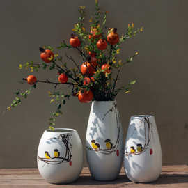 新中式手绘花鸟陶瓷花瓶摆件三件套花盆水培植物家用插花器工艺品