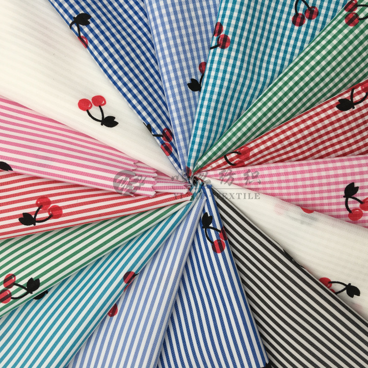 【樱桃水果印花】0.2CM格条 超细旦底布 19年春夏款 衬衫裙装面料