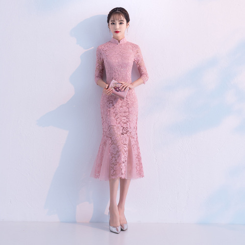 Women chinese dresses red lace Fishtail dress women's dress season wedding party Qipao red dresses