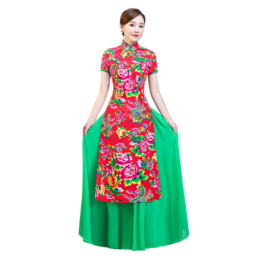 Cheongsam performance costume guoaodai dress large size show show flower Qipao two piece set