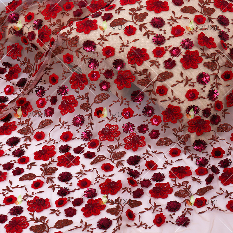 2018年新款立体玫瑰花型金片绣花面料时装礼服连衣裙亮片绣花网布