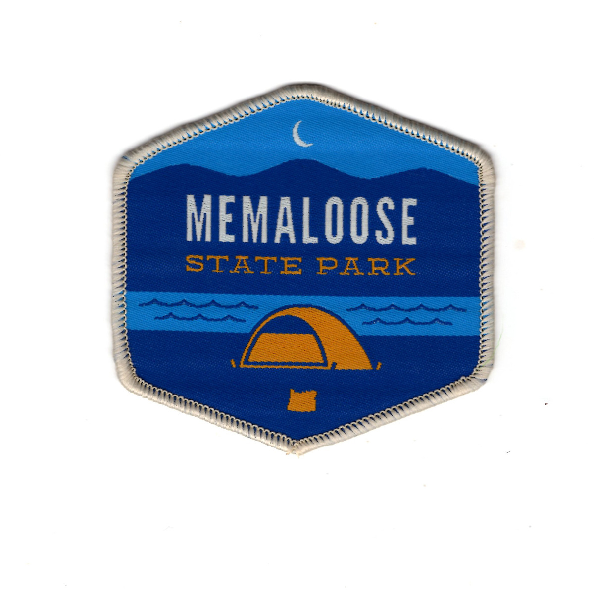 蓝色六边形英文字母织唛MEMALOOSE