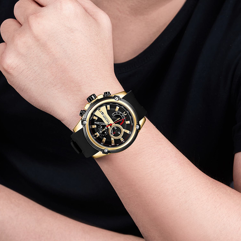 【新款美格尔真三眼计时日历运动硅胶石英男手表】型号：2086G。