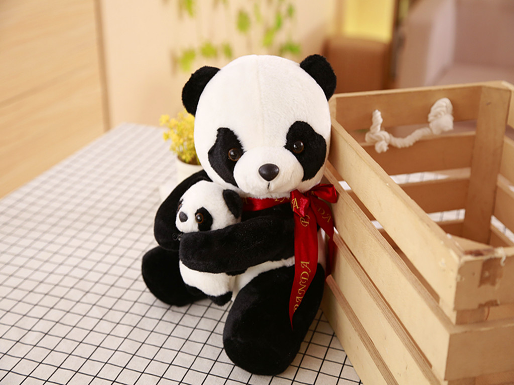 毛绒玩具熊猫公仔,熊猫抱抱熊,丝带亲子熊猫