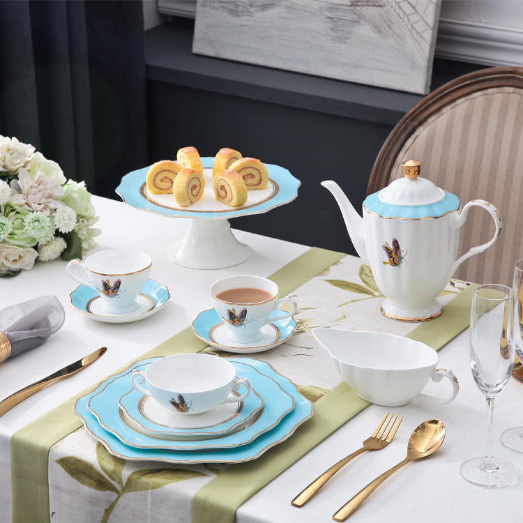 European-Style Ceramic Tableware Set, English Afternoon Tea Coffee Cup, Cake Plate, Fruit Plate, Double-Handle Stew Pot, Same Style as Used in Hotels