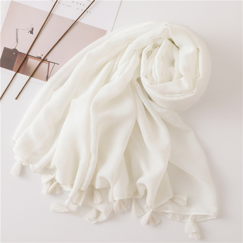 Solid Color Nude Powder Shiny Tassel Cotton Linen Scarf Shawl Long Scarf Silk Sunscreen Shawl display picture 7