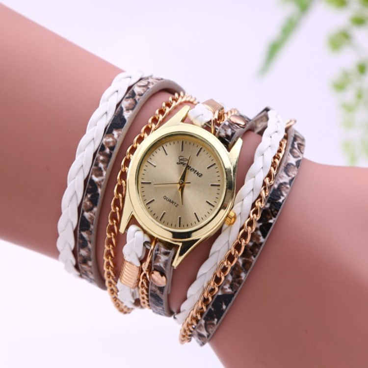 Women'S Winding Watch Popular Leopard Weave Bracelet Watch Alloy Bar Nail Face Quartz Watch