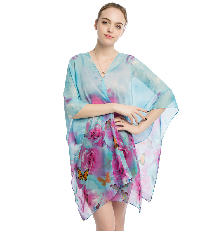 蝴蝶印花雪纺披肩 珍珠扣沙滩巾批发 跨境热销丝巾