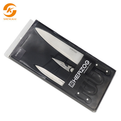 厂家直销三件不锈钢塑料手柄PVC盒礼品套装厨师刀水果刀厨房剪|ru