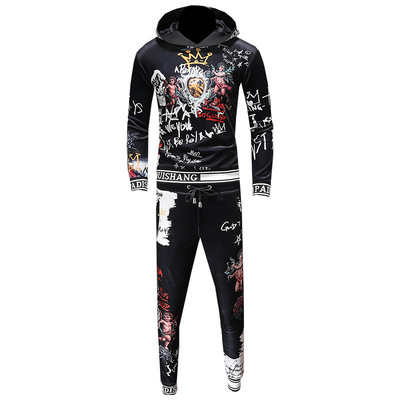 新款男青年金丝绒运动卫衣休闲套装欧洲站青少年男士