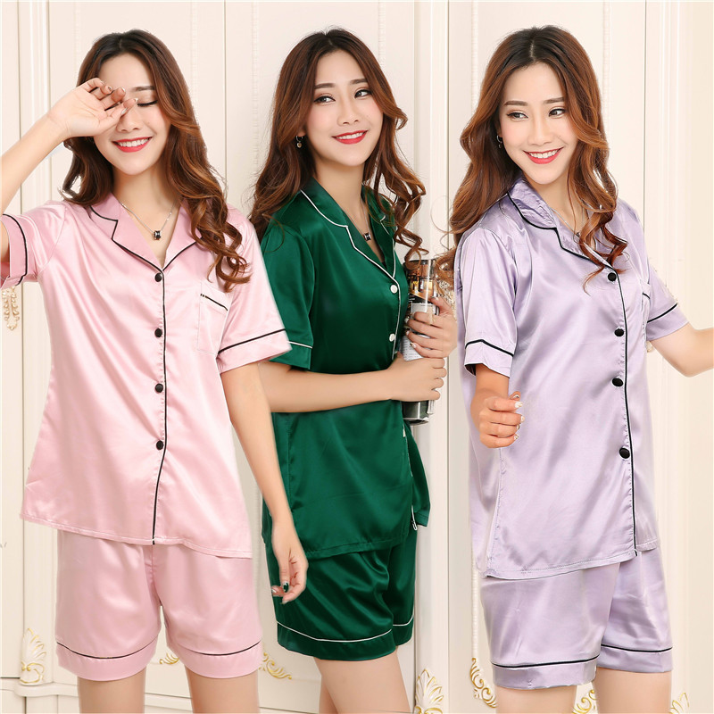 Korean women's silk pajamas, short-sleev...