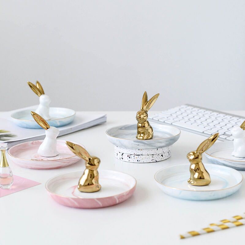 歐式擺件 首飾收納盤 可愛兔子擺件 首飾收納碟子 家居擺件定制
