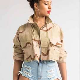 欧美跨境热卖气质通勤迷彩露脐个性外套wis亚马逊速卖通爆款女装