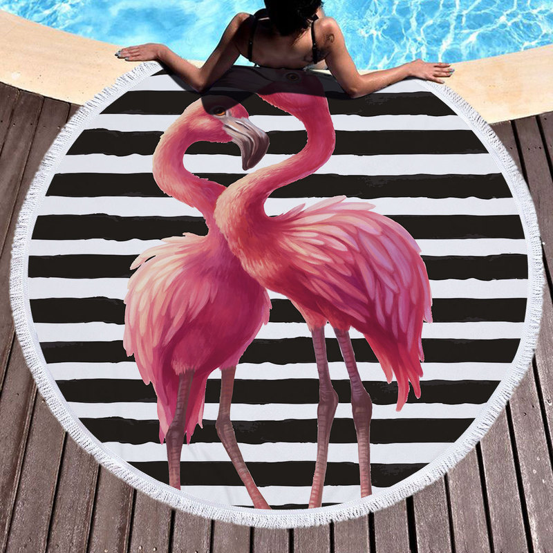 Factory direct microfiber round beach towel bath towel Flamingo printing with tassel 150cm export