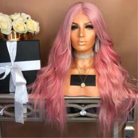 欧美女士假发化纤中分粉色大波浪wig中分刘海长卷发 cos 动漫假发