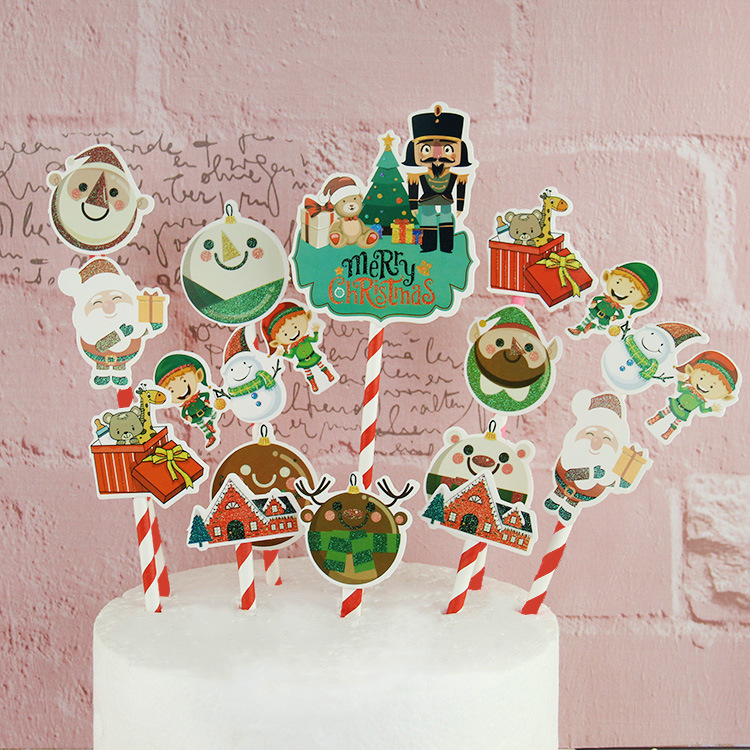烘焙装饰圣诞插牌卡通插件套装毛球圣诞树派对蛋糕装饰插牌插件