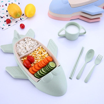 创意卡通飞机儿童餐盘小麦秸秆餐具套装塑料饭盒宝宝营养分格餐盘