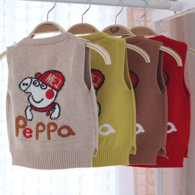 韩版秋冬新款儿童毛衣 男童01234岁卡通佩奇V领开胸毛衣背心批发|ms