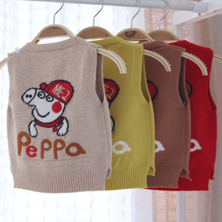 韩版秋冬新款儿童毛衣 男童01234岁卡通佩奇V领开胸毛衣背心批发|ms