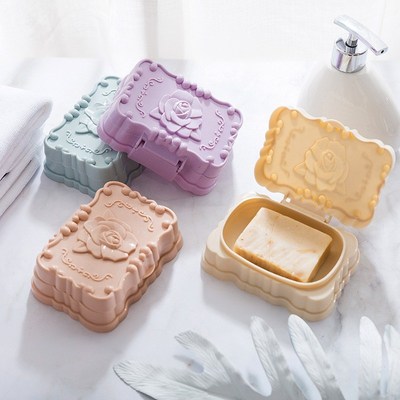 创意大号旅行皂托肥皂盒带盖防水玫瑰雕花香皂盒浴室沥水肥皂盒 |ms