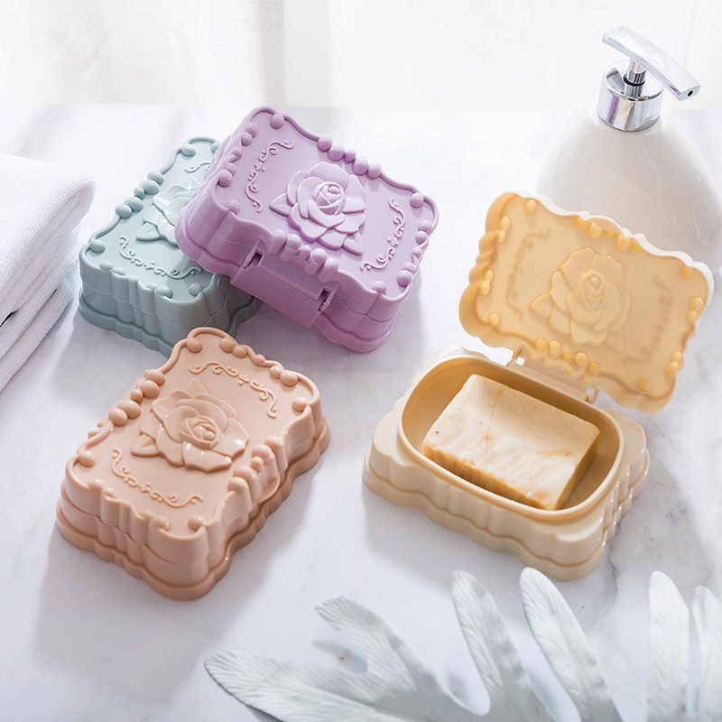 创意大号旅行皂托肥皂盒带盖防水玫瑰雕花香皂盒浴室沥水肥皂盒 |ms