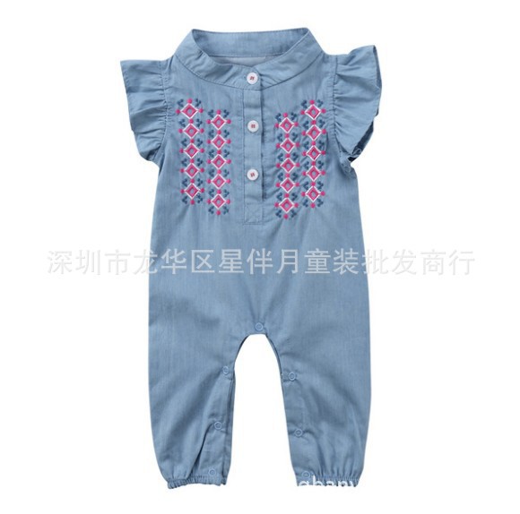 AliExpress Amazon Explosive money Children's clothing Romper ins new pattern summer cowboy Embroidery Flying sleeve one-piece garment Climbing clothes