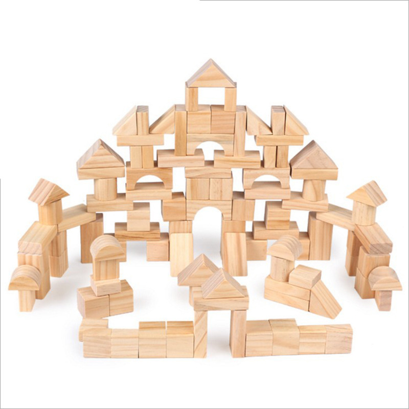 厂家直销木制儿童堆搭100粒桶装原木环保积木早教益智玩具批发