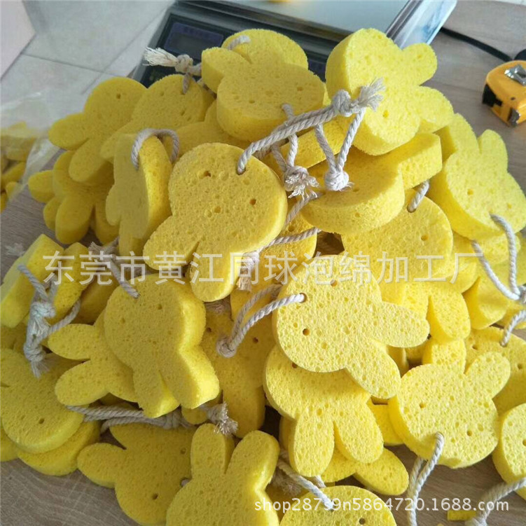 直供 55*85*10黄色肤色卡通形状沐浴木浆海绵 可带绳清洁海绵