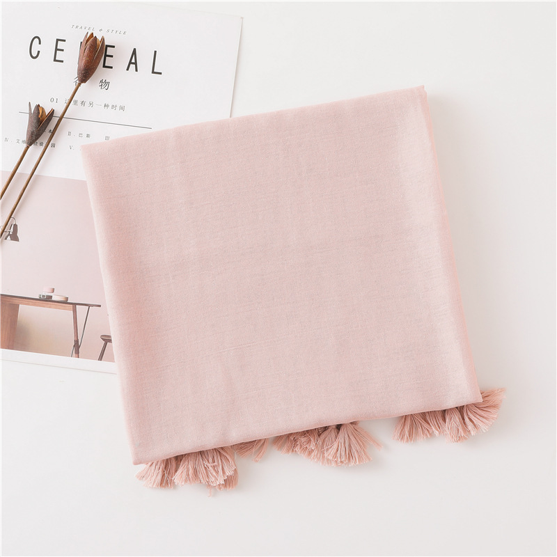 Solid Color Nude Powder Shiny Tassel Cotton Linen Scarf Shawl Long Scarf Silk Sunscreen Shawl display picture 13