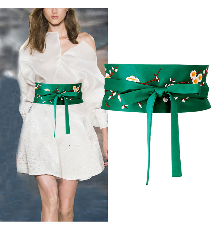 Sello de cintura bordado decoración de cinturón ancho de las mujeres de moda todo fósforo bordado estudiante estilo antiguo estilo étnico verde con correa de falda