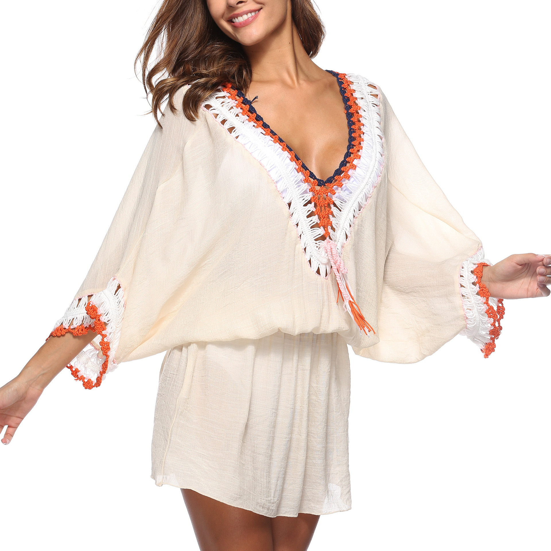Hand Crocheted Beach Dress V Neck Batwing Sleeves Irregular Hem Sun Protection Cover Up Wholesale Available