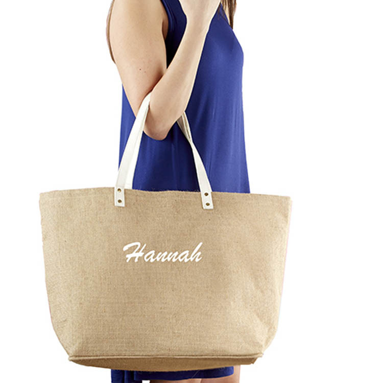 外贸出口麻布覆膜环保女士单肩手提购物袋  皮革手提环保麻布包