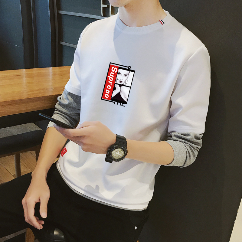 爆款男式假两件套头卫衣俏女郎秋冬新款韩版修身撞色套头卫衣批发