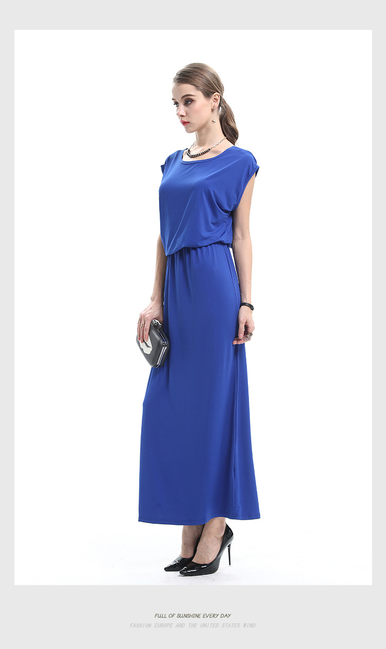 summer new pure color casual waist slim round neck short sleeve dress  NSJR30256