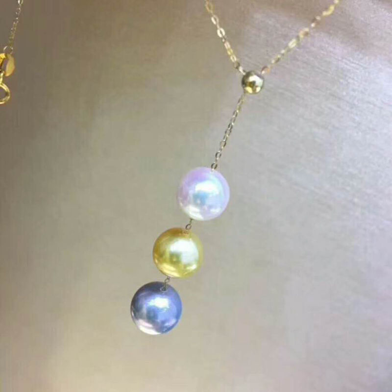新款 8-9mm日本aloya渐变色三珠吊坠 18k金调节链  时尚唯美款