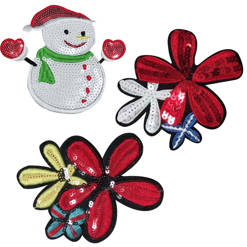 圣诞雪人雪花花朵亮片布贴电脑刺绣珠片补丁贴服装鞋帽装饰绣花贴