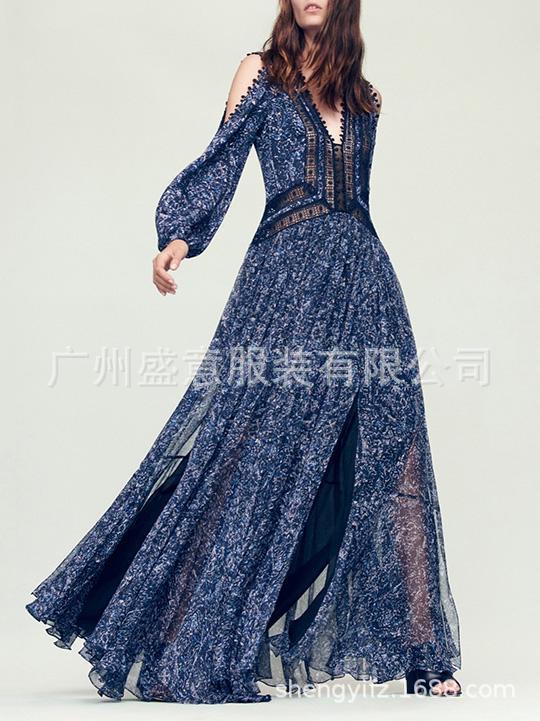 2018欧美女装蕾丝拼接印花深v领修性感连衣裙大摆