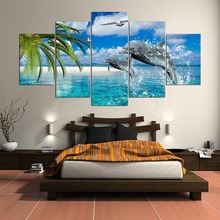 巨創高清噴繪畫油畫墻面五拼大海海豚椰樹風景家居裝飾畫跨境貨源