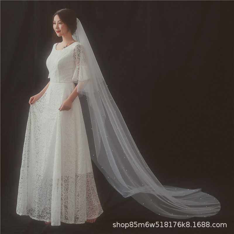 Super fairy simple handmade pearl 3 m long hair comb trailing veil studio photography travel shooting plain yarn bridal veil