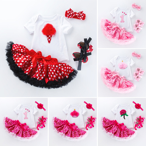 Baby birthday party dresses festival short sleeve cartoon cake dot puff skirt toddler shoe cover