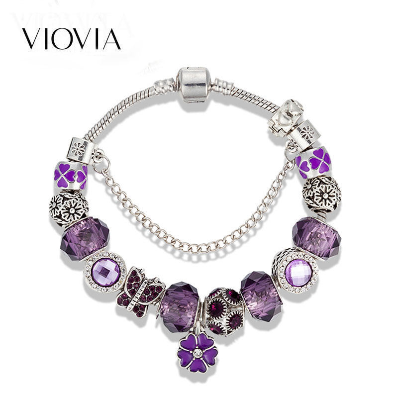 Crystal Beaded Charm Bracelet With Butterfly And Flower Pendants_voghion.com