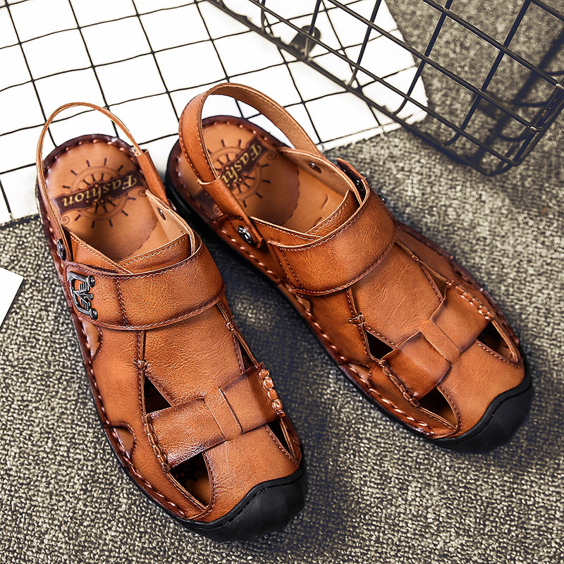 壹雙可發2018夏季新款男士真皮休閑涼拖兩用沙灘鞋外貿包頭涼鞋男