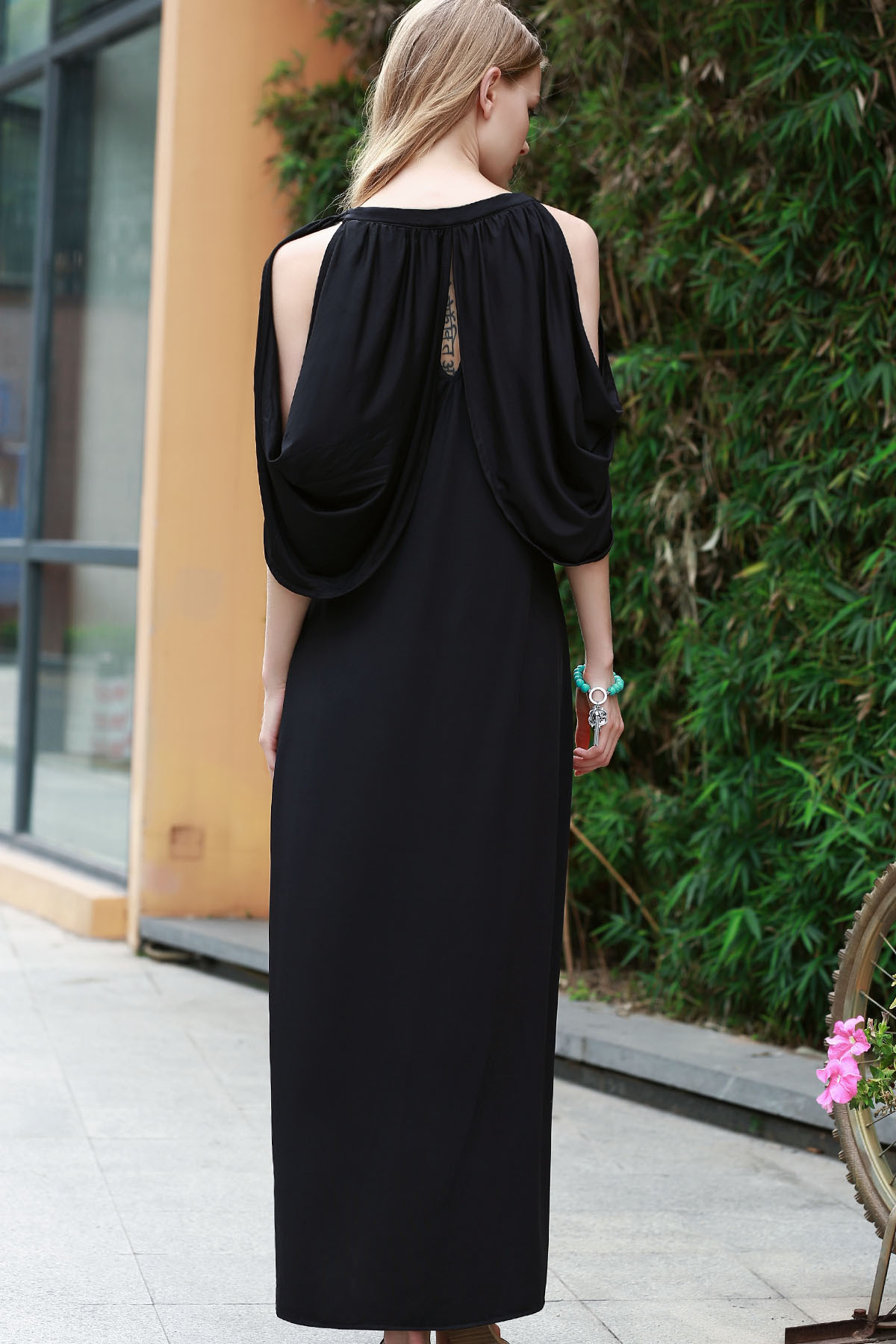Off Shoulder Cape Dress Deep V Neck High Slit Adjustable Tie Elegant Evening Gown Wholesale Available