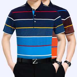 2018夏装新款男士短袖T恤 时尚休闲中老年桑蚕丝冰爽条纹精品体恤