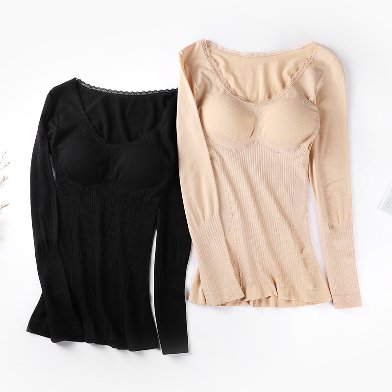 秋冬季保暖内衣女 打底长袖内穿修身托胸大码带胸垫秋衣女单件